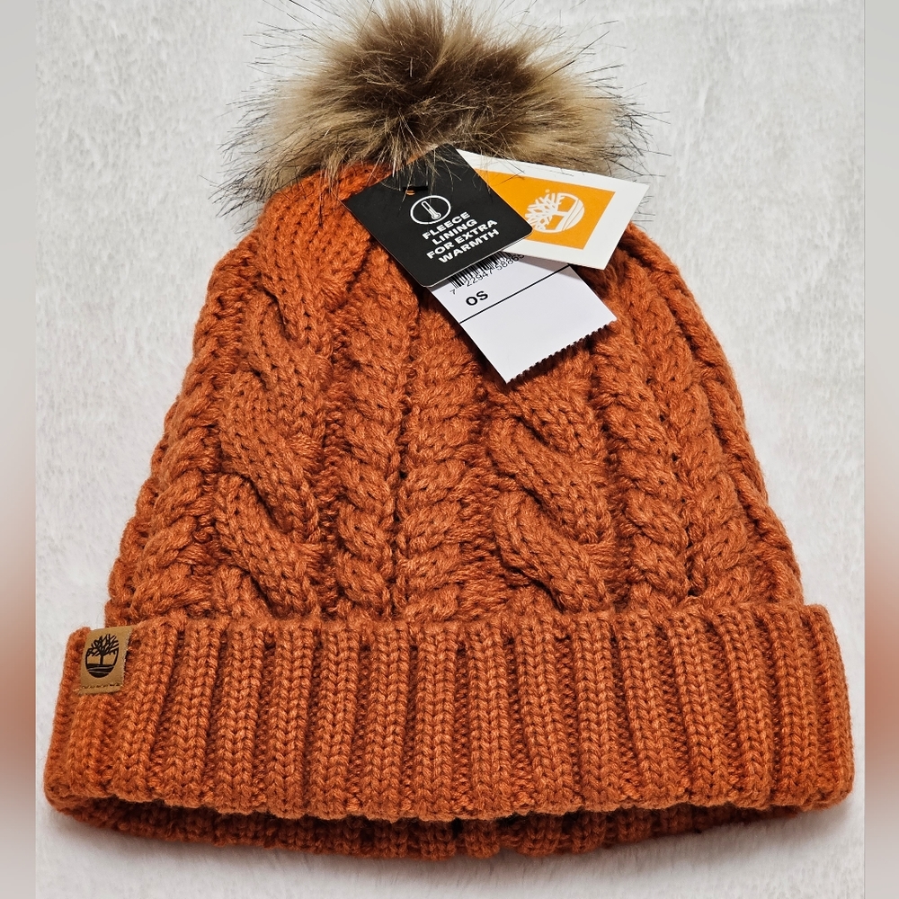 NWT Timberland Heavy Knit Orange Pom-Pom Fur Lined Beanie Hat